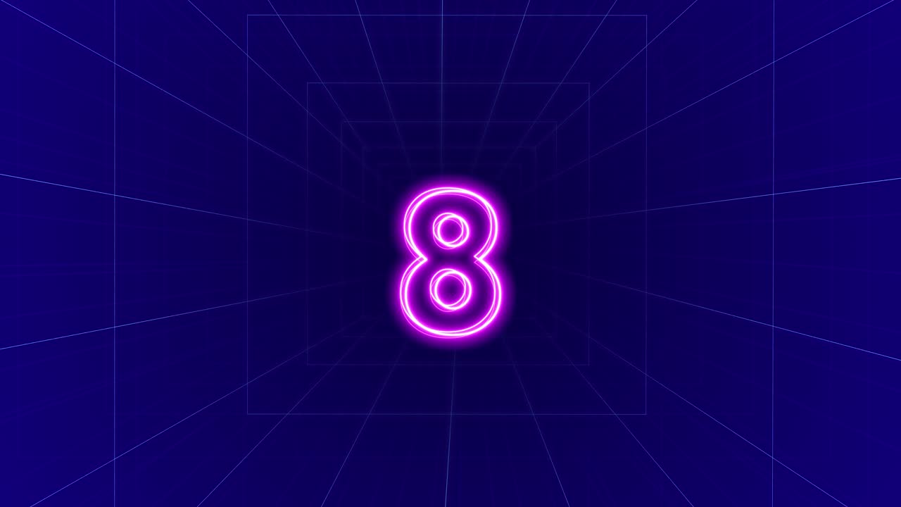 4k 3d neon light 60 seconds countdown on blue background light timer from 10 to 0 seconds minute