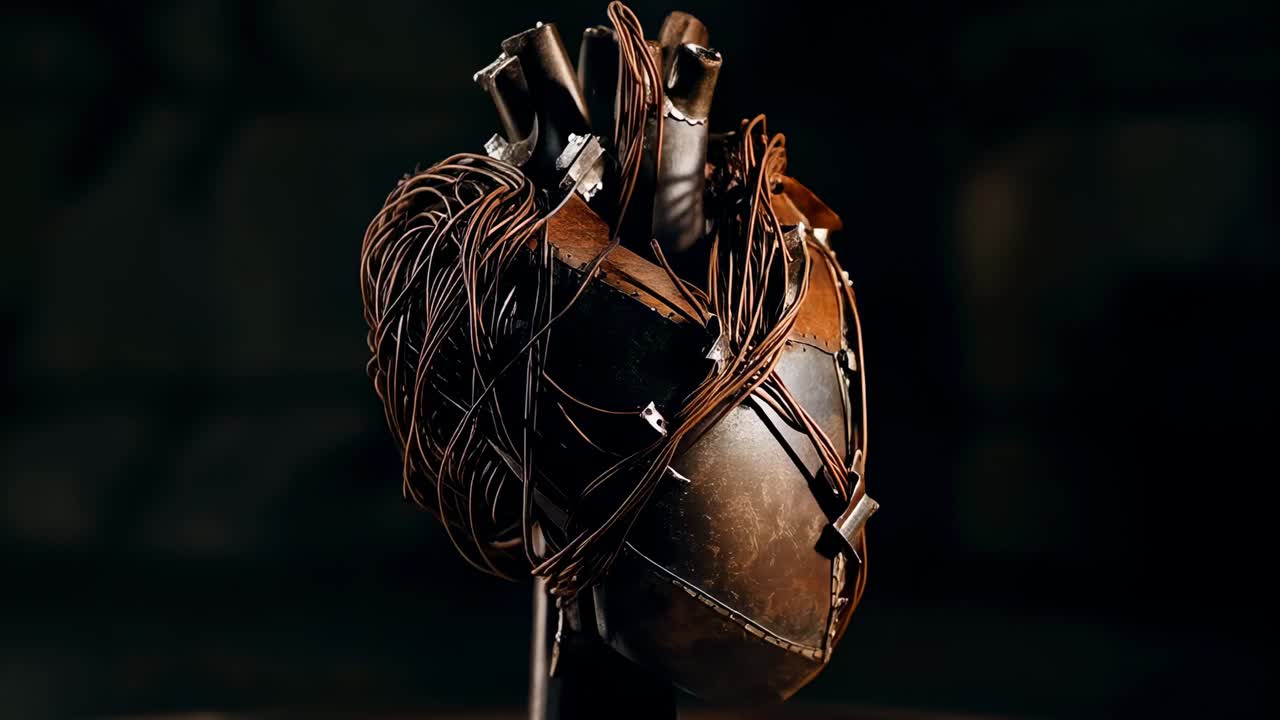 Início do movimento panorâmico da câmera, escultura de coração steampunk girando em uma mesa de estúdio, revelando fios trançados