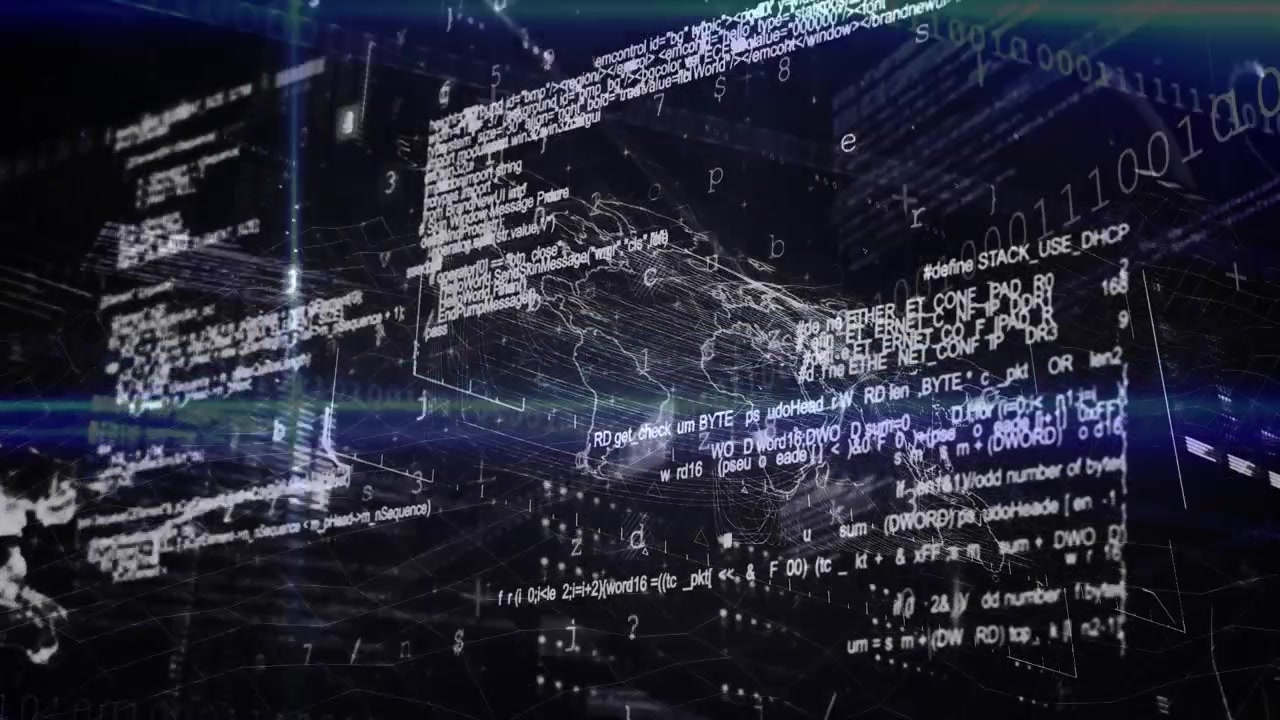 Animation of animation of data processing and globe over cityscape and network of connections