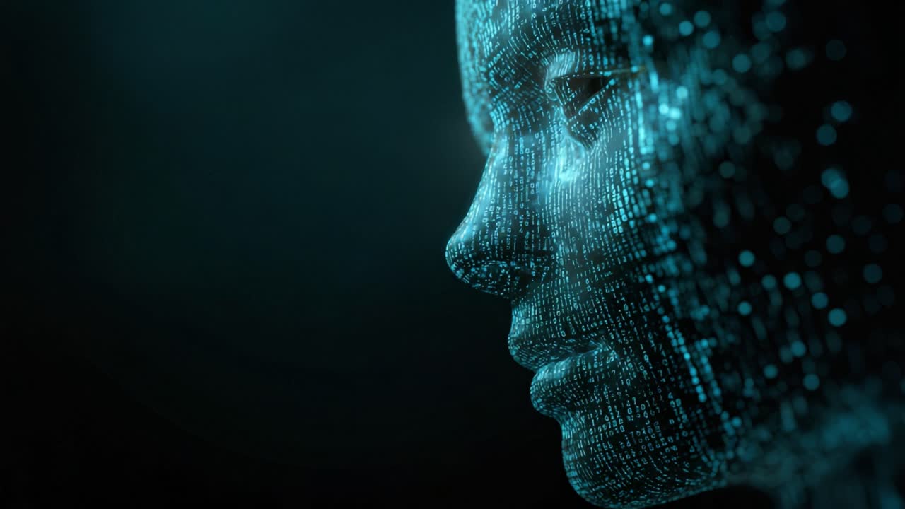 Profilo astratto di una testa umana realizzata con codice binario blu brillante, che simboleggia concetti come intelligenza artificiale, big data, machine learning e il sé digitale in un mondo futuristico