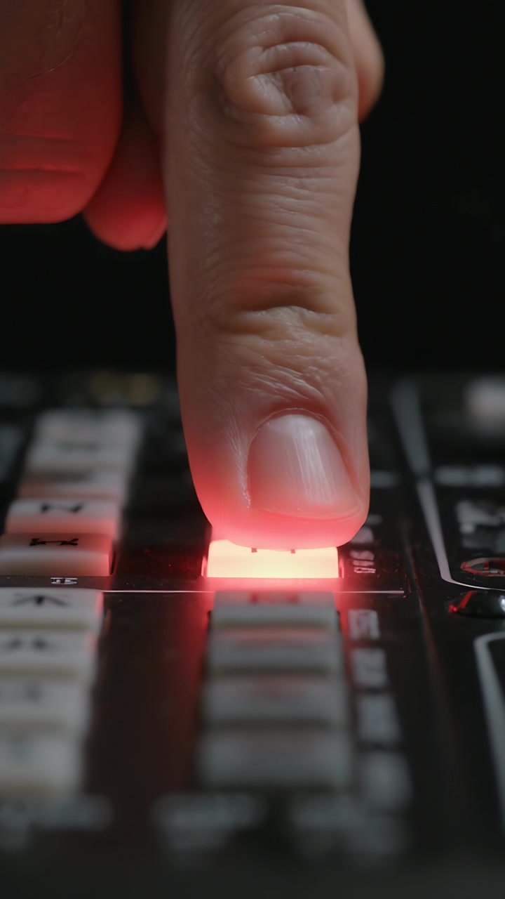 Vertical video: Pressing finger dropping from hover while pressing red key on console, knob visible
