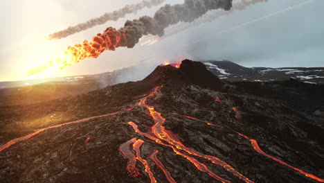 volcán en erupción con flujo de lava
