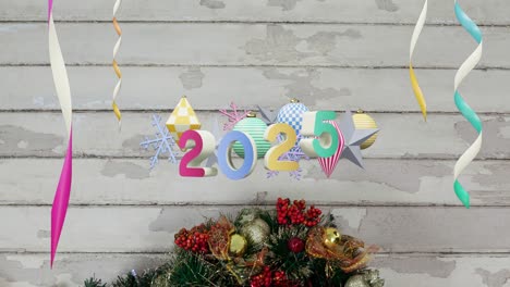 Animation-of-2025-text-and-christmas-decorations-in-background