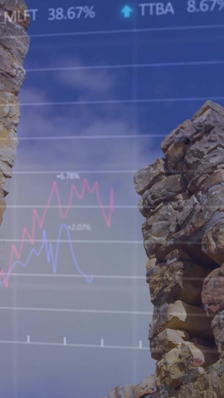 Vertical video: Pulling back camera, aged stone pillars framing sky while showing market tickers