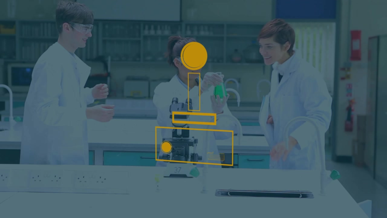 Animation of gamepad over diverse scientists in lab
