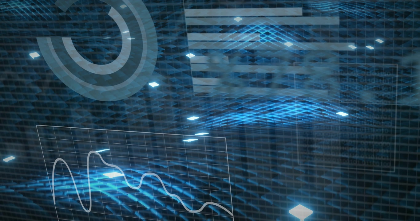 On data pulse, holographic 3D interface evolving mesh into HUD, panels sliding, collecting data