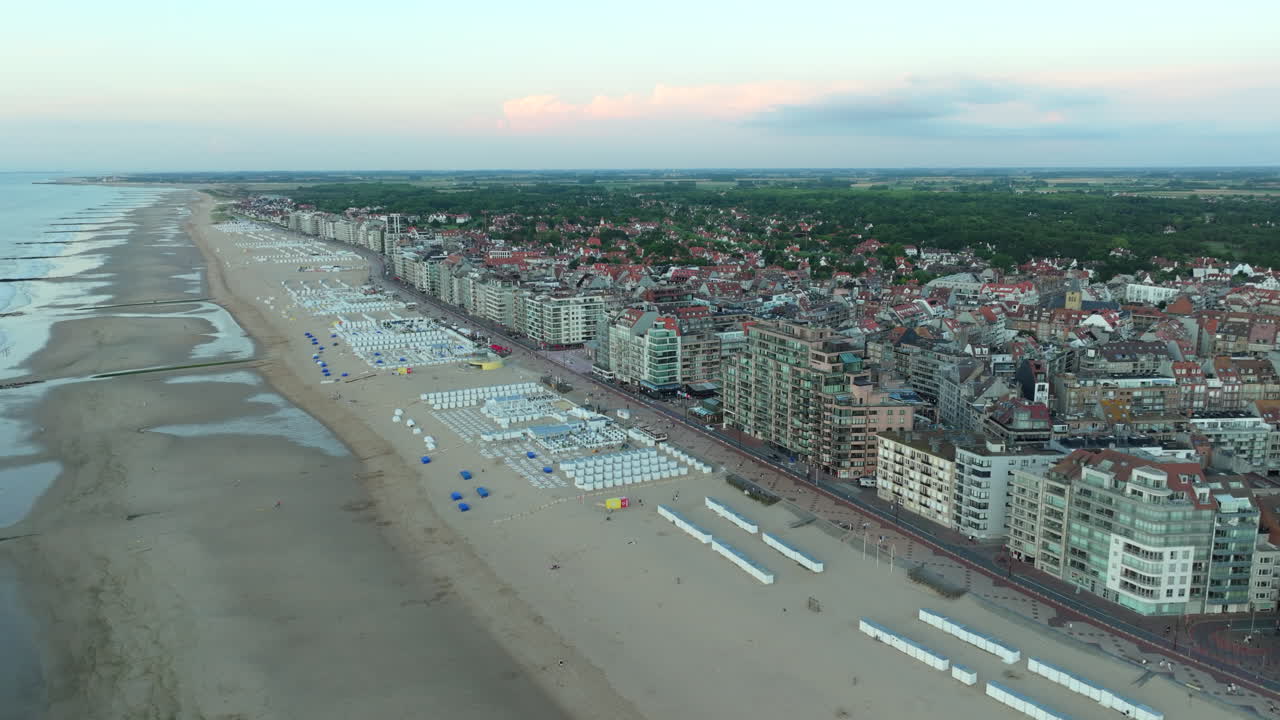 Wide Angle Aerial View Knokke City and Beach at North Sea - Belgium