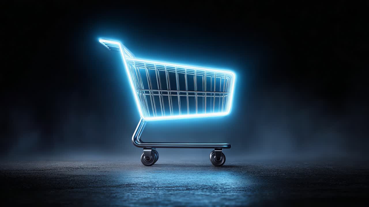 A Futuristic Glowing Shopping Cart Illuminating a Dark Background, Symbolizing Modern Retail and E-Commerce Experiences in a Hypothetical Marketplace Environment