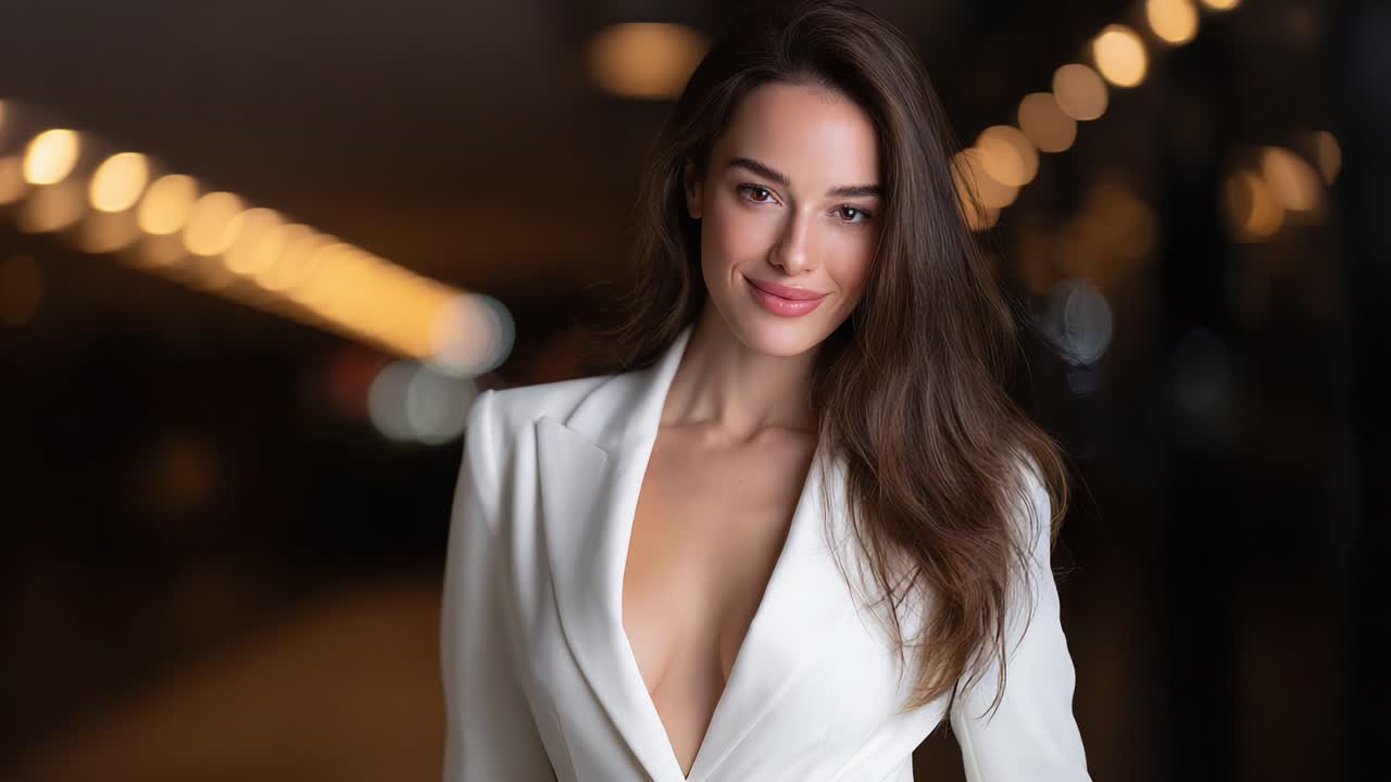 A stunning model exudes elegance and confidence in a chic white blazer, capturing attention with her enchanting smile and captivating presence in an atmospheric setting