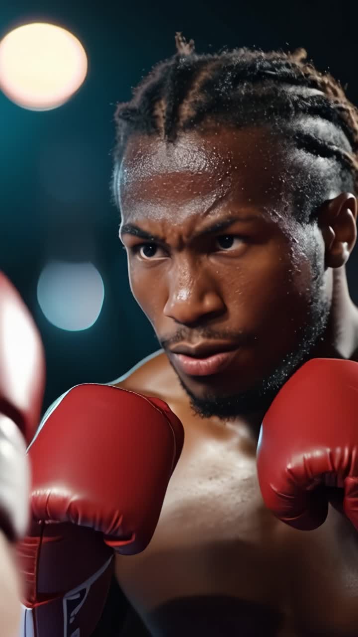 Intensity and Focus: A Boxer's Journey Captured Through Two Powerful Frames of Determination in the Ring at Nighttime with Bright Lights and Glistening Sweat