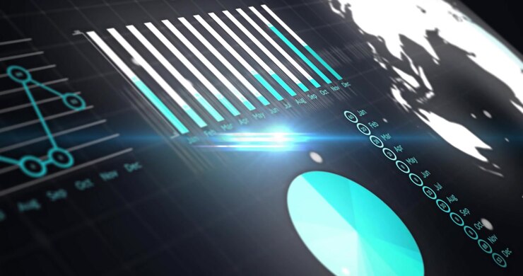 Diagonal bar chart displaying monthly labels on grid lines with lens flare and bokeh highlights