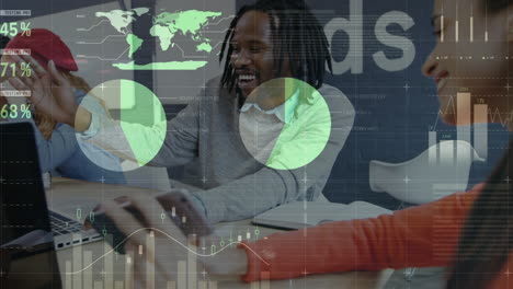 animation of statistical data processing over diverse male and female colleagues discussing