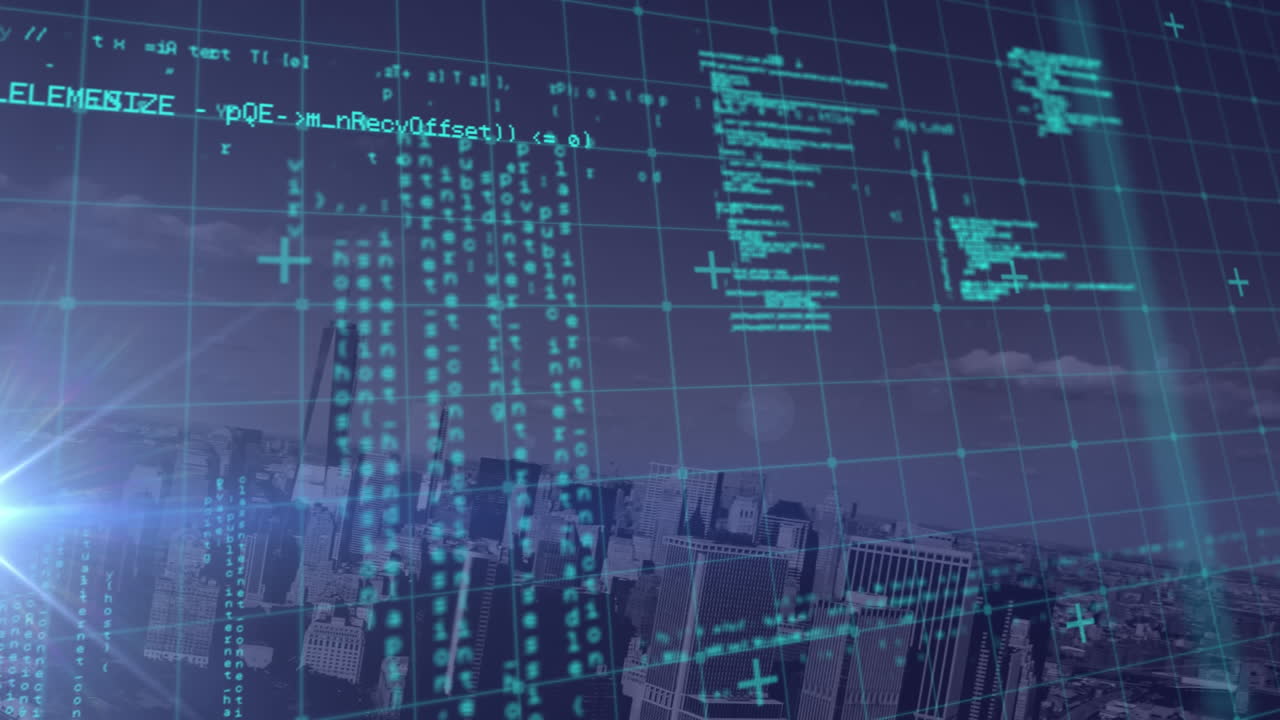 animazione dell'elaborazione dei dati su griglia e paesaggio urbano in background