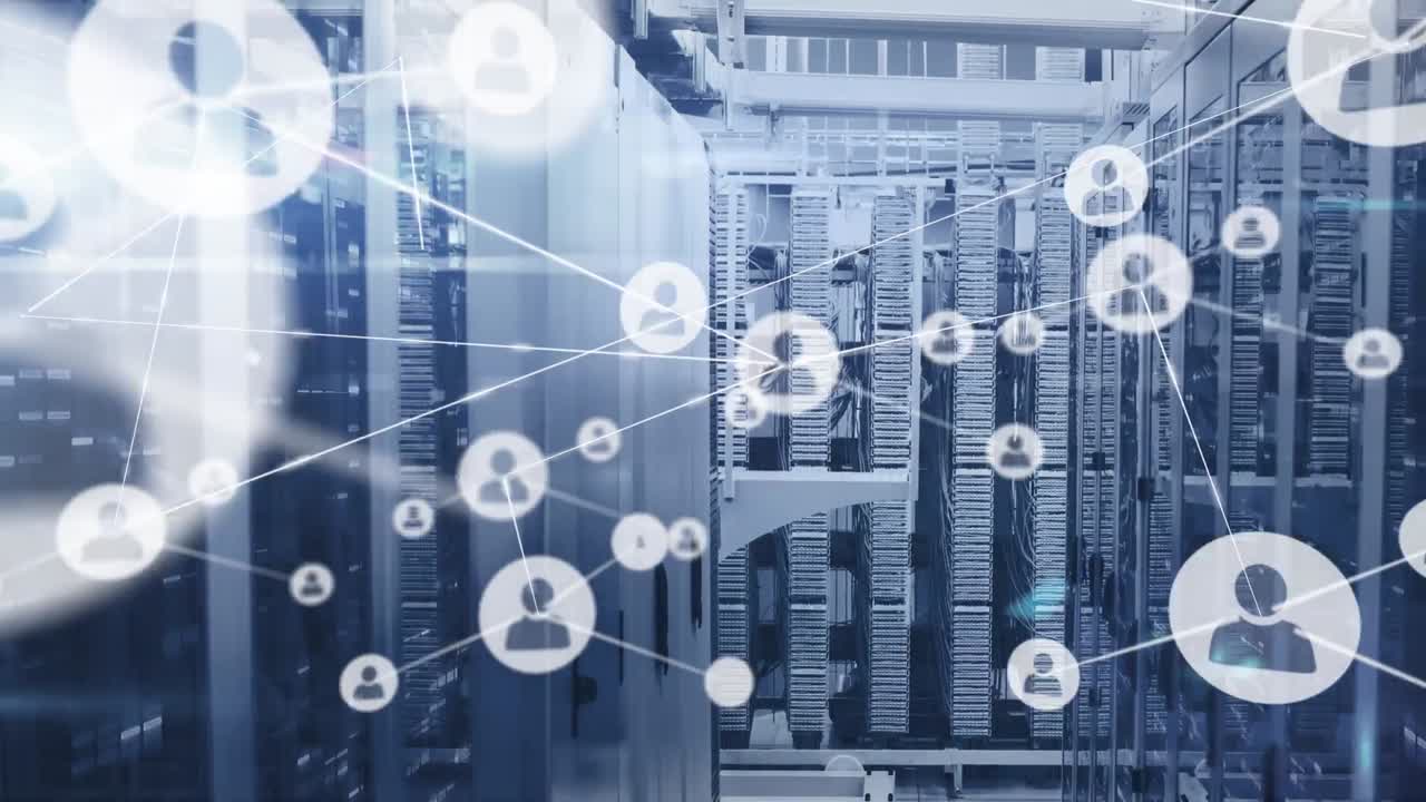 Animation of network of connections with people icons over computer servers
