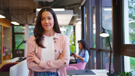 portrait of smiling businesswoman standing by desk in modern open plan office