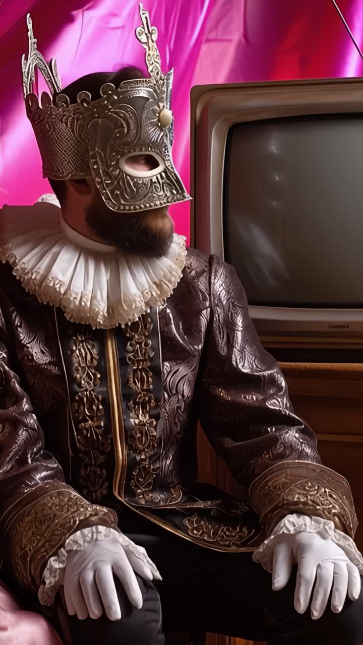 Una figura misteriosa con una maschera elaborata e un costume, seduta davanti a un televisore vintage, circondata da colori vivaci e trame intriganti.