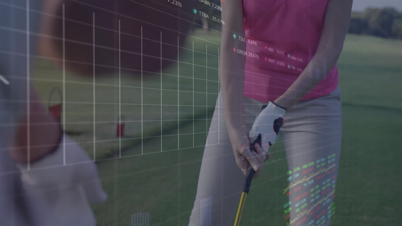 woman swinging golf club on fairway, overlaying financial charts with line graphs and stock tickers