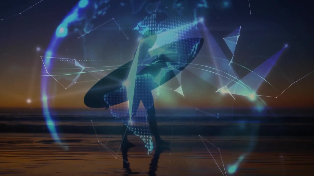 Female surfer walking beach sunset causing polygons converging into rotating globe for tech demo