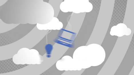 animación de nubes con dispositivos electrónicos sobre rayas grises