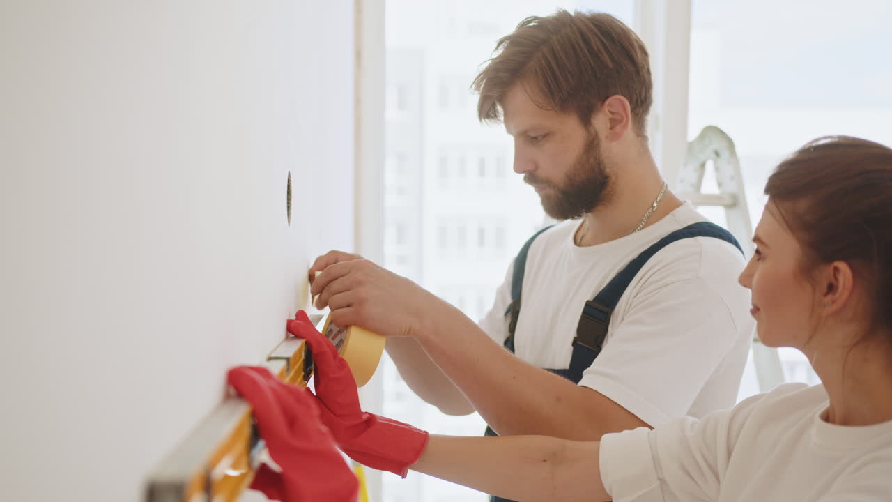 pareja instalando decoraciones de pared