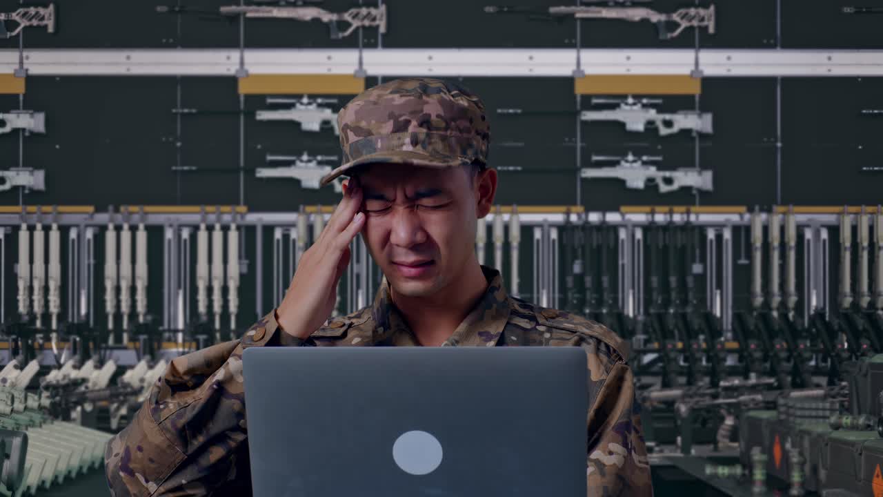 close up of Asian man soldier using a laptop and having a headache In Military Armory