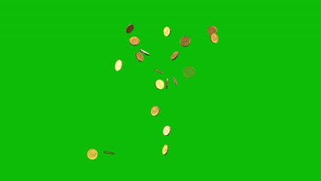 gold coins thrown up from the bottom and falling down, like jackpot, on green screen 3d animation