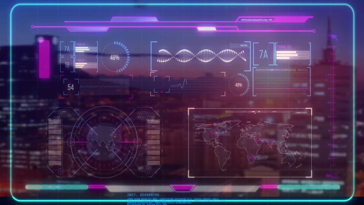 Animation of futuristic digital interface showing data and world map over cityscape
