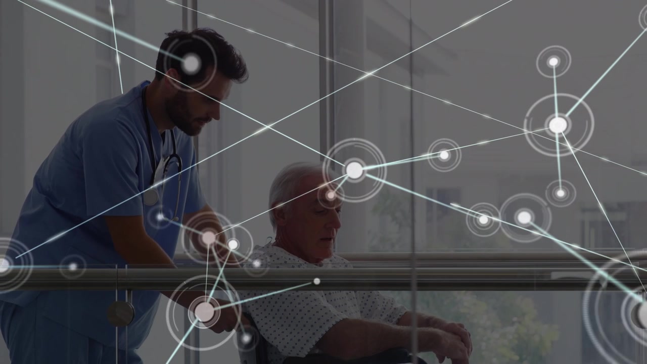 Animation of network of connections over caucasian doctor and patient