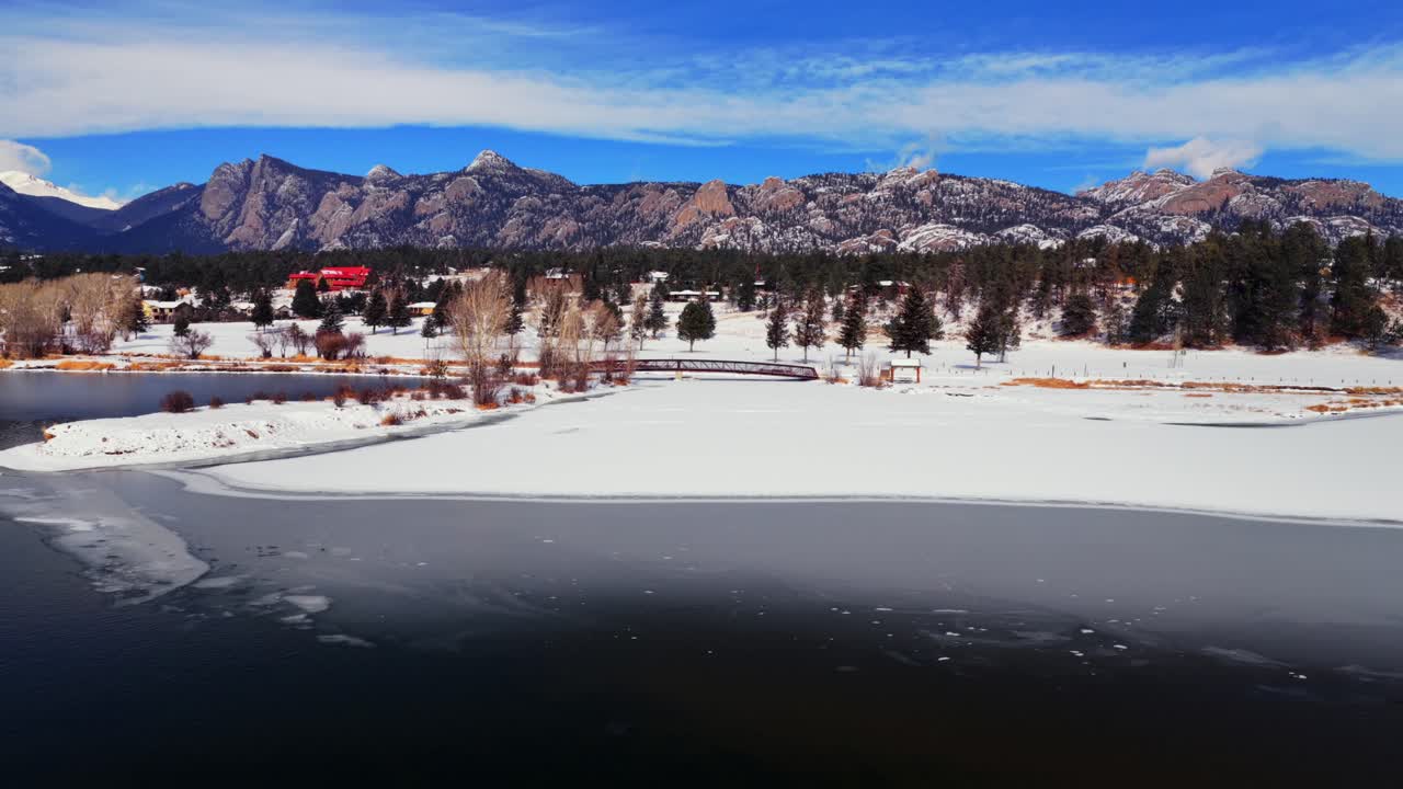 Jäätynyt Estes-järvi ja Mummy Range Estes Parkin ranta-alue. Droonikuva Coloradon Front Range Rocky Mountainsin kansallispuistosta Larimerin piirikunnassa. Talvinen, aurinkoinen sinitaivainen aamu. Olympus-pato, kiertäen oikealle.