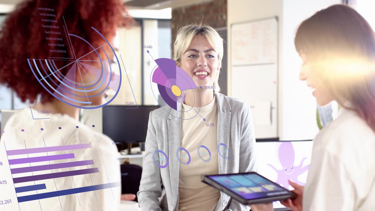 Central woman laughing and reaching while right woman angling tablet, sharing business data charts