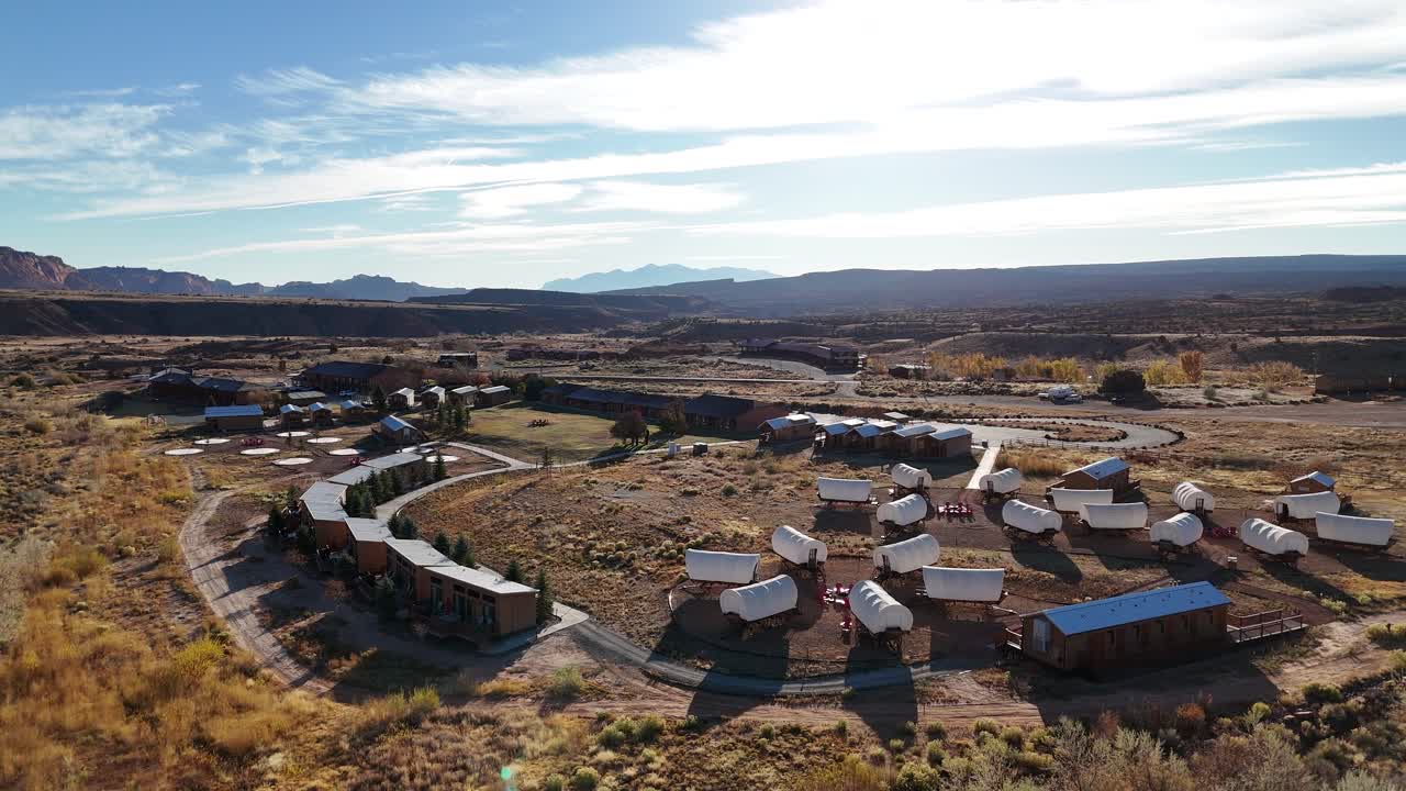 Drone Shot of Cabins and Old Carriages With Tents, Resort in Capitol Reef National Park, Utah USA