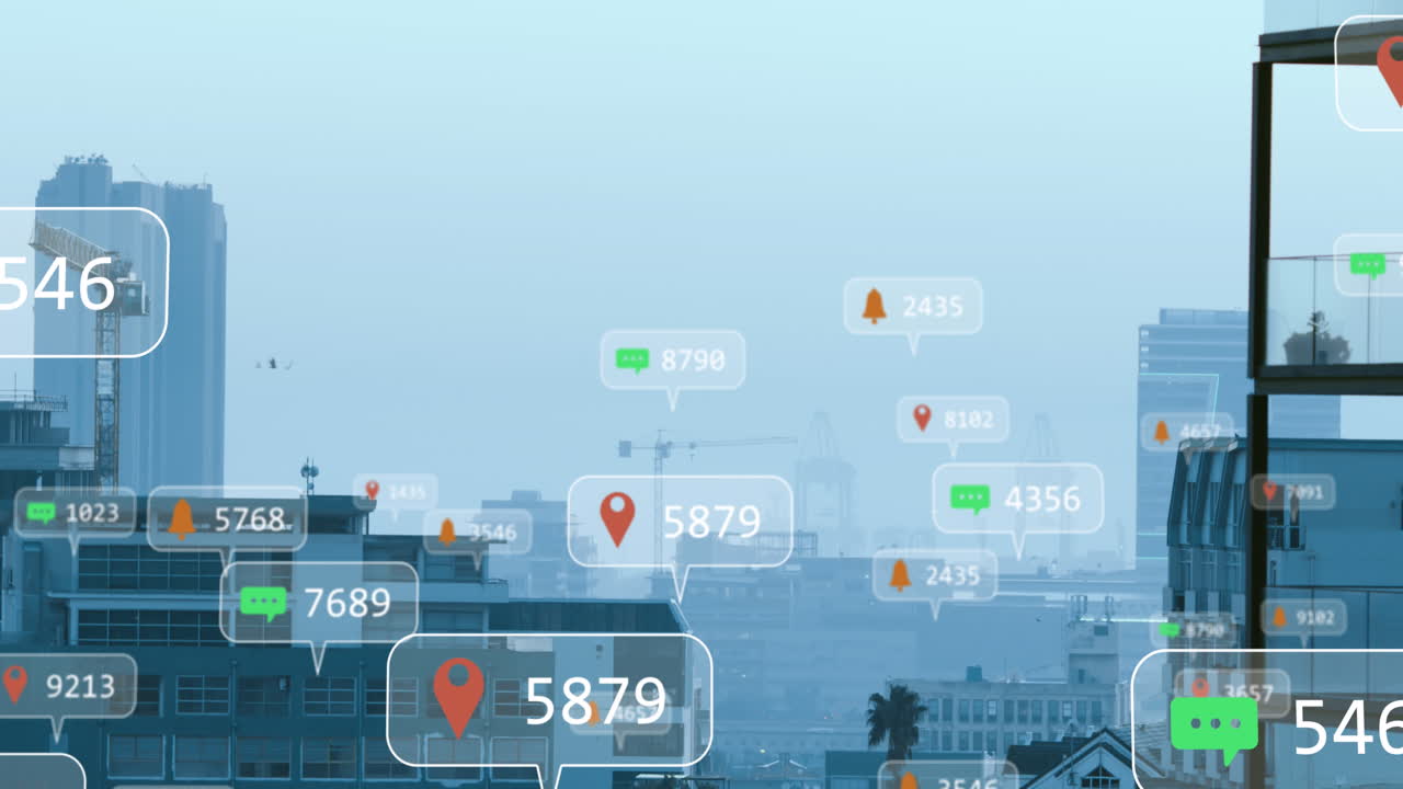 Animation of social media icons and data processing over cityscape