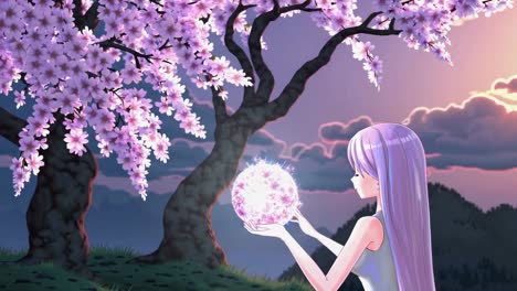 anime girl and glowing sphere under cherry blossom tree at sunset