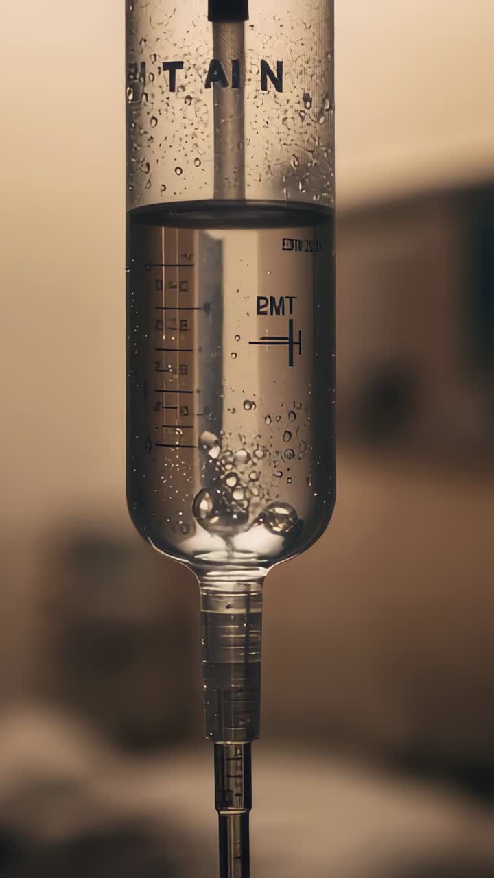 Video verticale: il flusso che inizia con una camera di gocciolamento trasparente che forma bolle, sale fino ai segni per il paziente