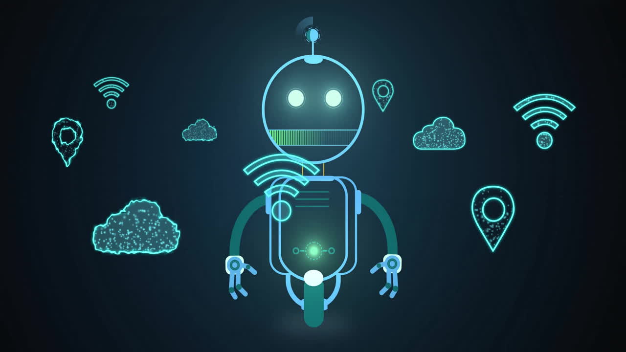 Animation of robot icon over media icons