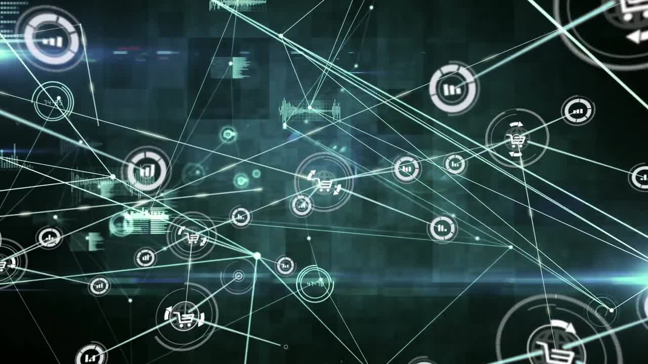 Animation of networks of connections with icons over black background
