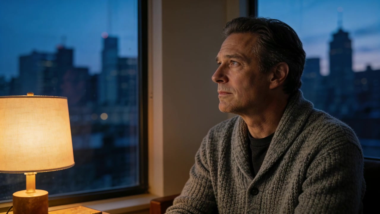 Dusk falling motivating midlife man in cardigan gazing out window at table, lamp casting warm glow