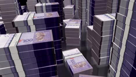 vuelo 3d sobre el ringgit de malasia dinero paquetes de billetes animación de bucle