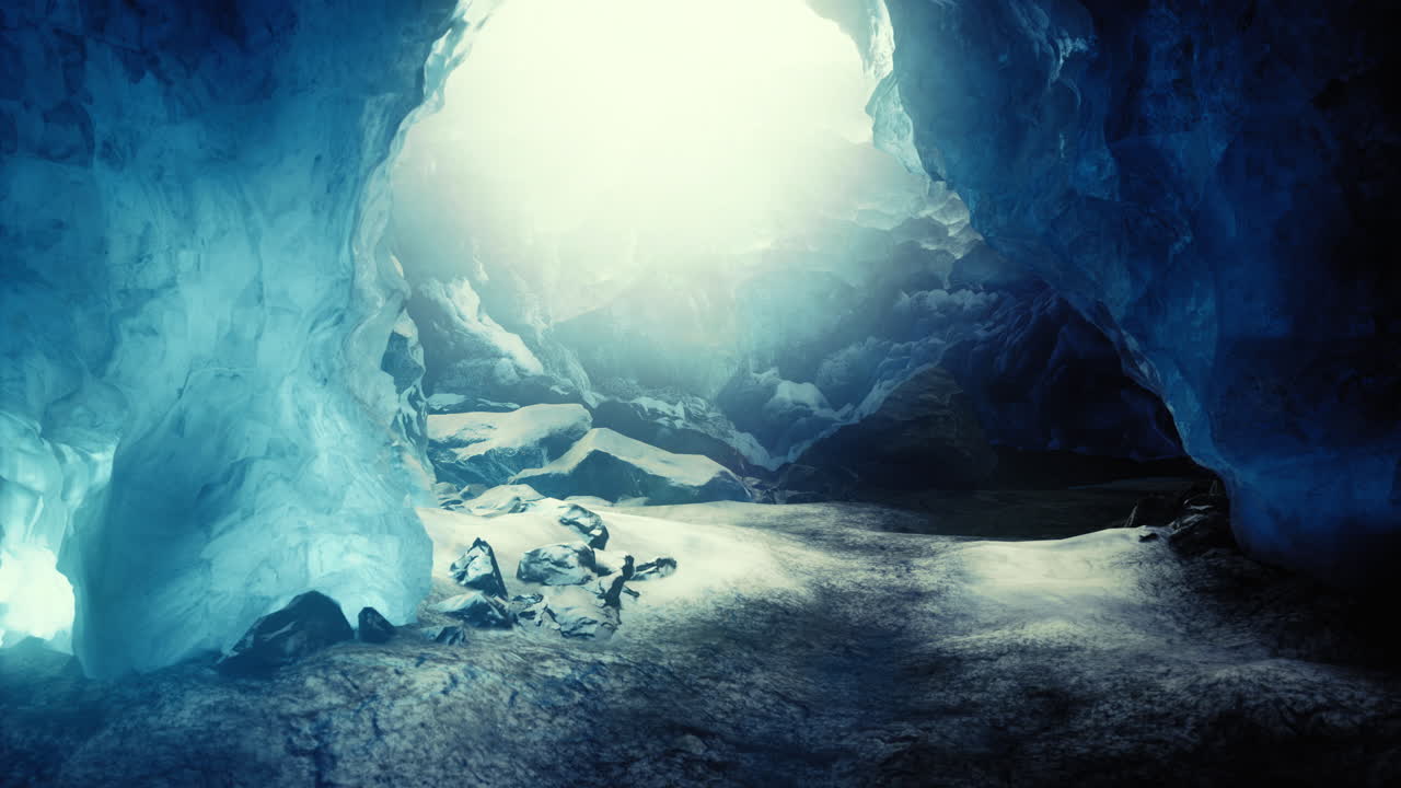 Exploring the majesty of an ice cave beneath a shimmering glacier landscape