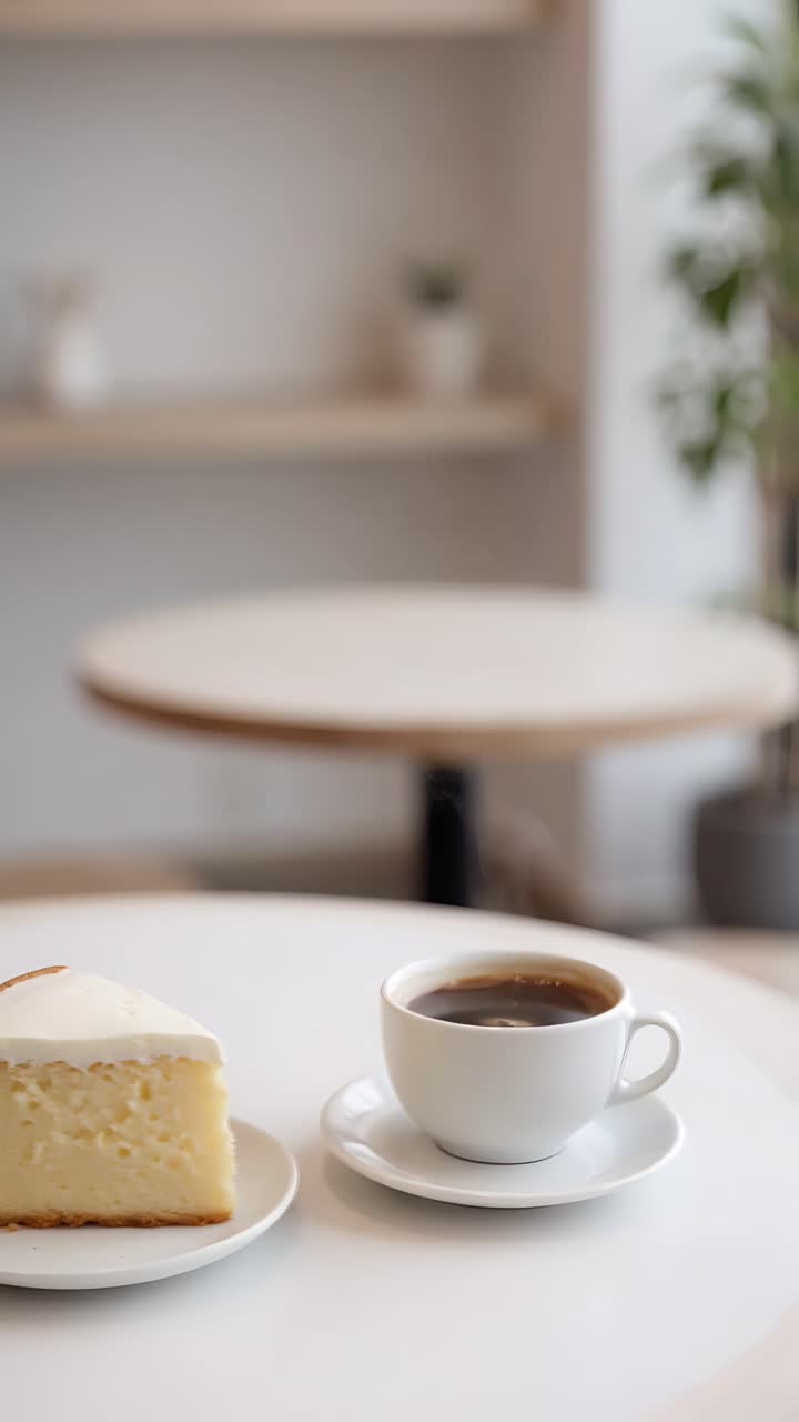 Kake og kaffe i en estetisk kafé med koselig atmosfære 4K