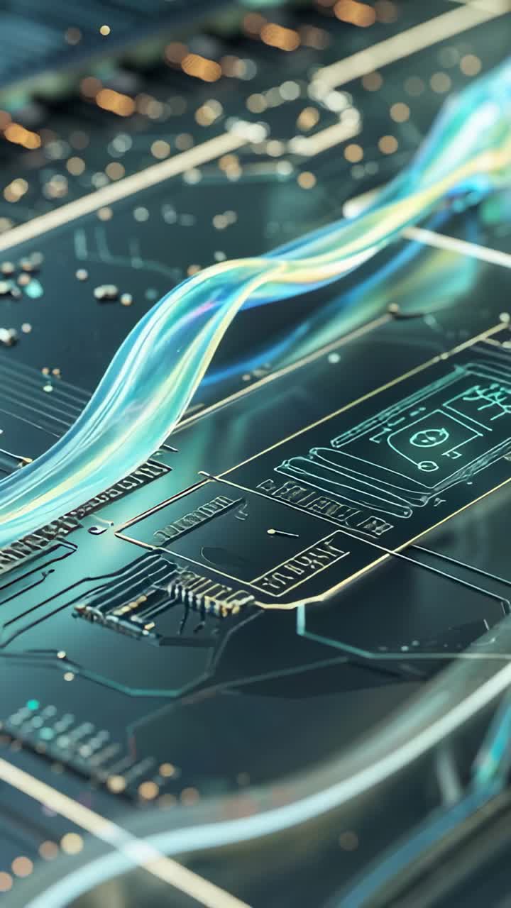 Vertical video: Energy ribbon reacting to soft glow snaking across circuit board lifting particles