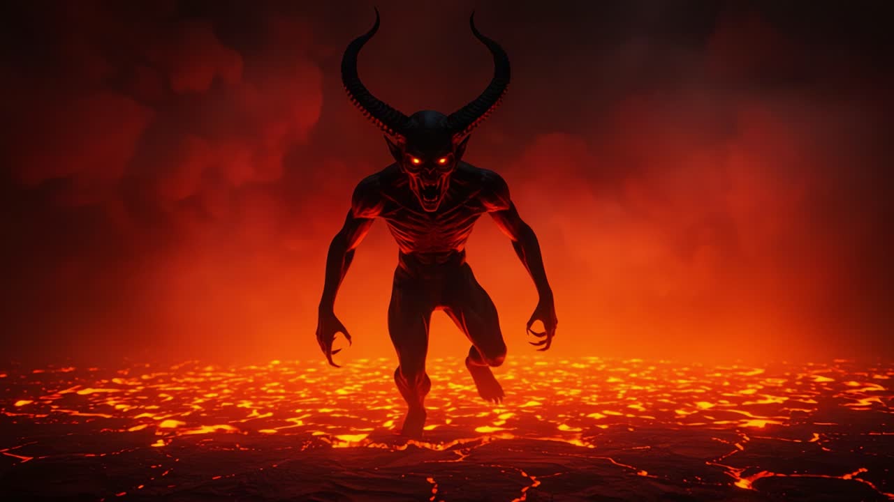 A menacing demon emerges from a fiery abyss, showcasing glowing eyes and twisted horns against a backdrop of molten lava and a smoky atmosphere that evokes fear