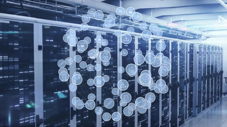 Animation of globe made of icons moving over servers
