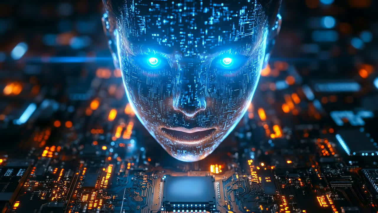 Futuristic AI head design. A digital representation of a head with glowing blue eyes set against a circuit board background showcasing technology