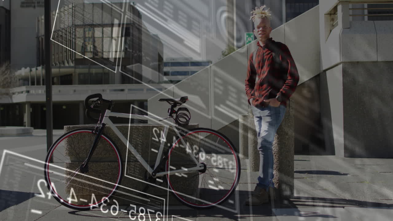 Man standing near bicycle with digital data processing animation overlay