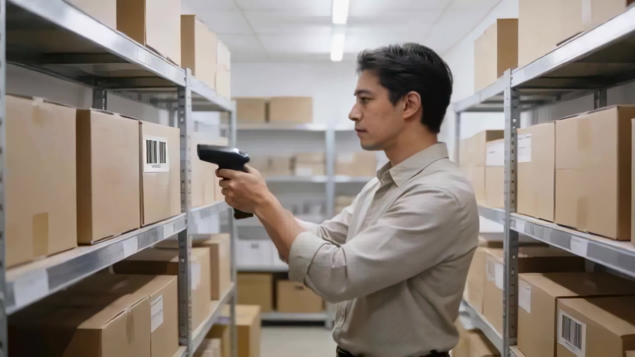 Scanning stock clerk in light shirt dark pants pressing handheld scanner checking boxes in aisle