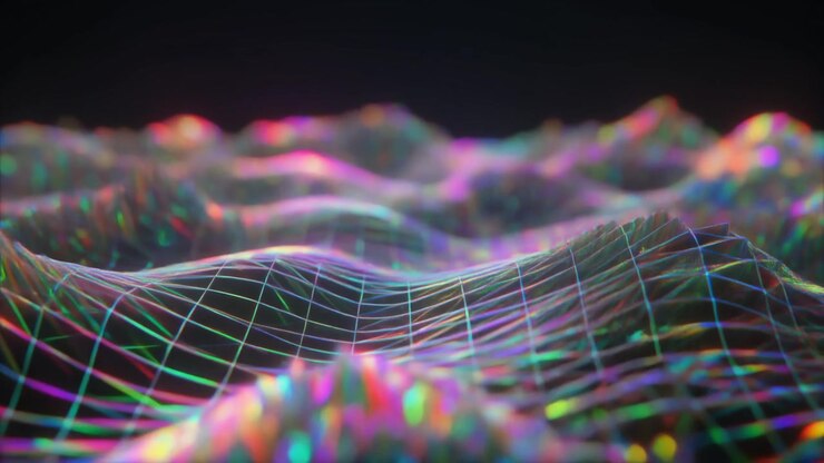 Abstract Digital Grid Landscape with Iridescent Light Waves