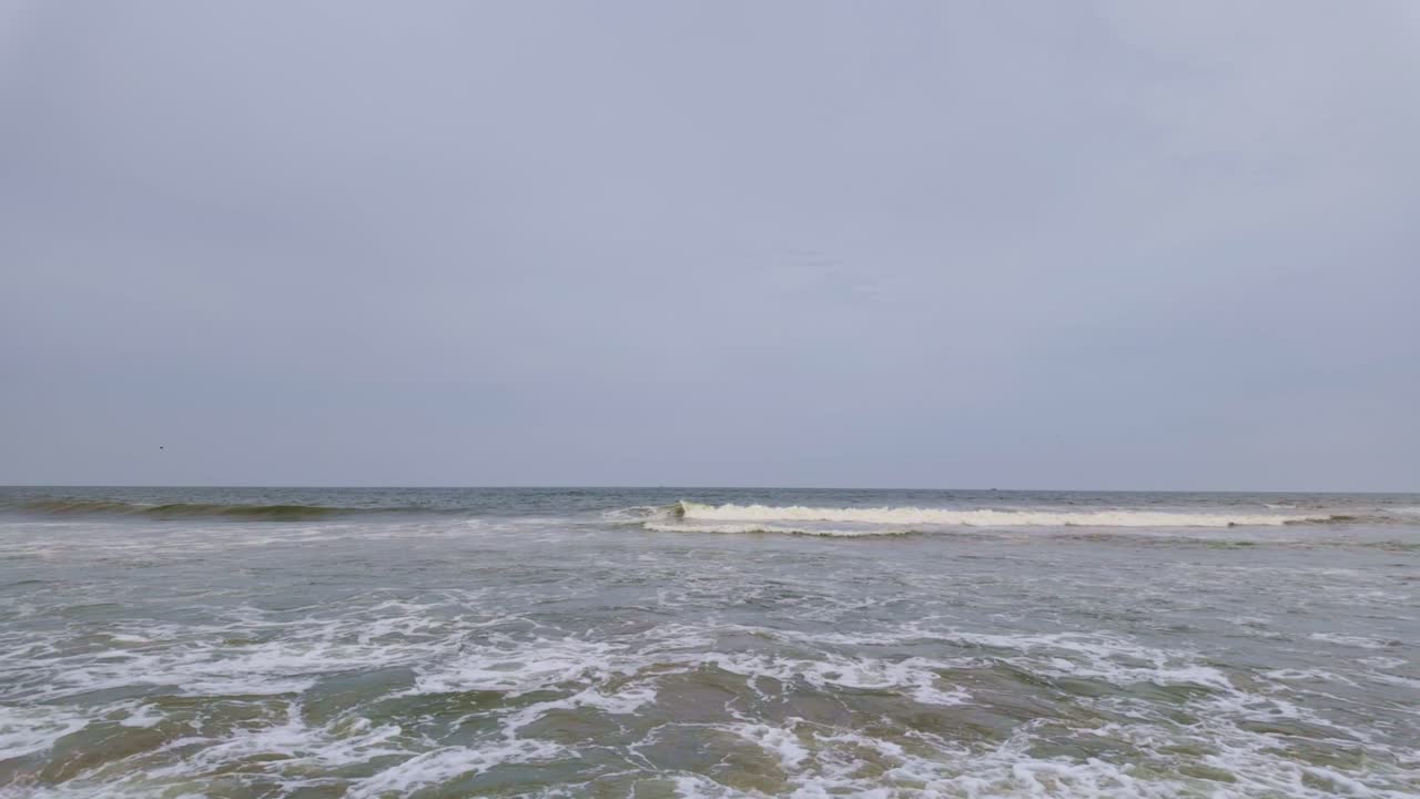 Slowmo pan right shot of ocean waves on cloudy day