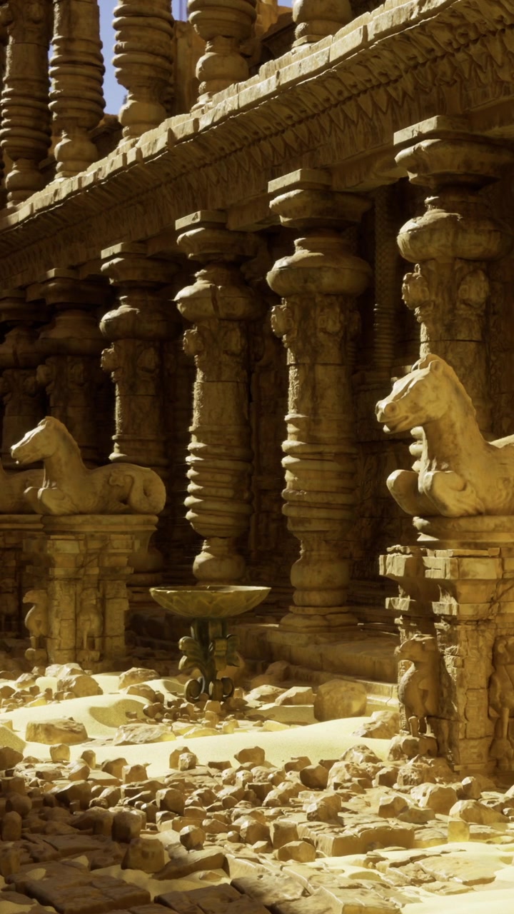 Rovine di un antico tempio con statue di cavalli in pietra e pilastri spezzati sotto la luce del sole