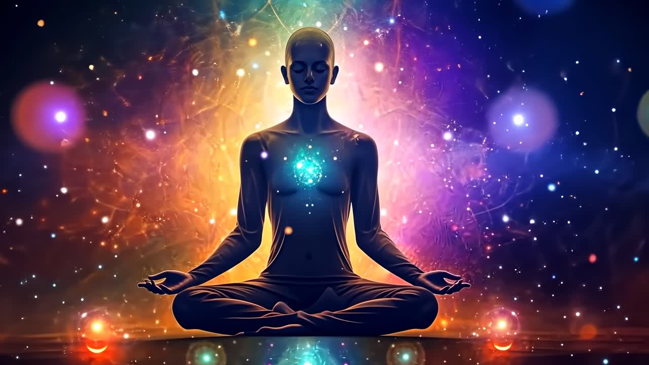A mystical video concept showing a silhouette meditating amidst colorful energy orbs